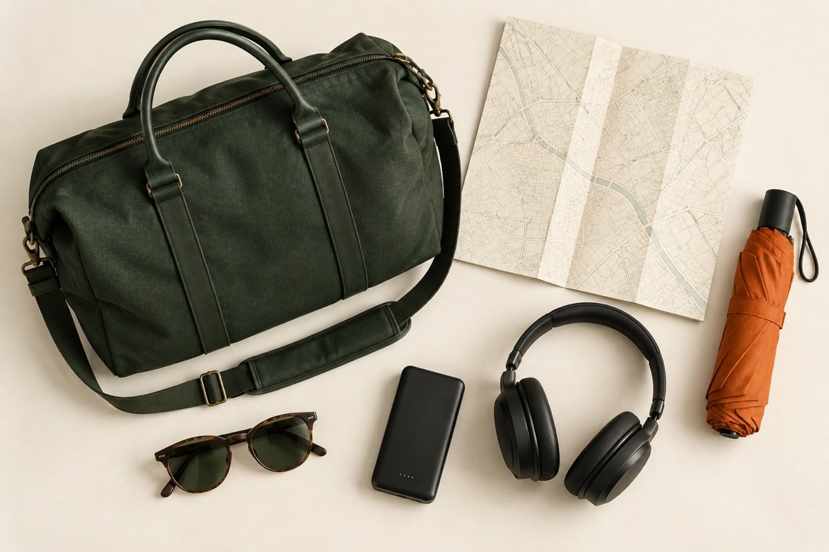 Illustration: Reisetasche, Powerbank, Kopfhörer, Schirm und Stadtplan